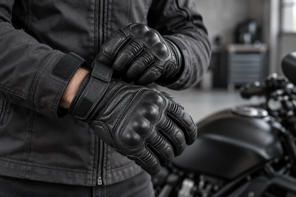 Ajustement de la fermeture au poignet d’un gant moto en cuir noir