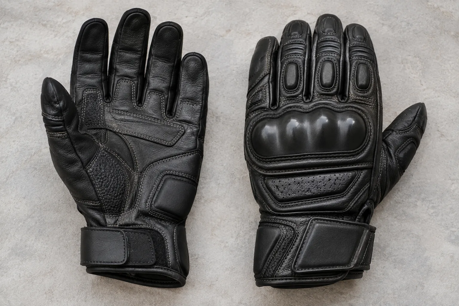 Deux gants de moto présentés côté paume et côté dessus, avec renforts, coutures et coque visibles.