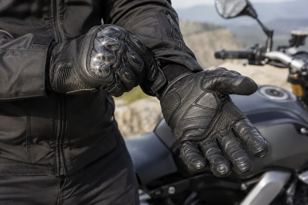 Motard ajustant la fermeture d’un gant de moto près du guidon, avec la coque des articulations visible.
