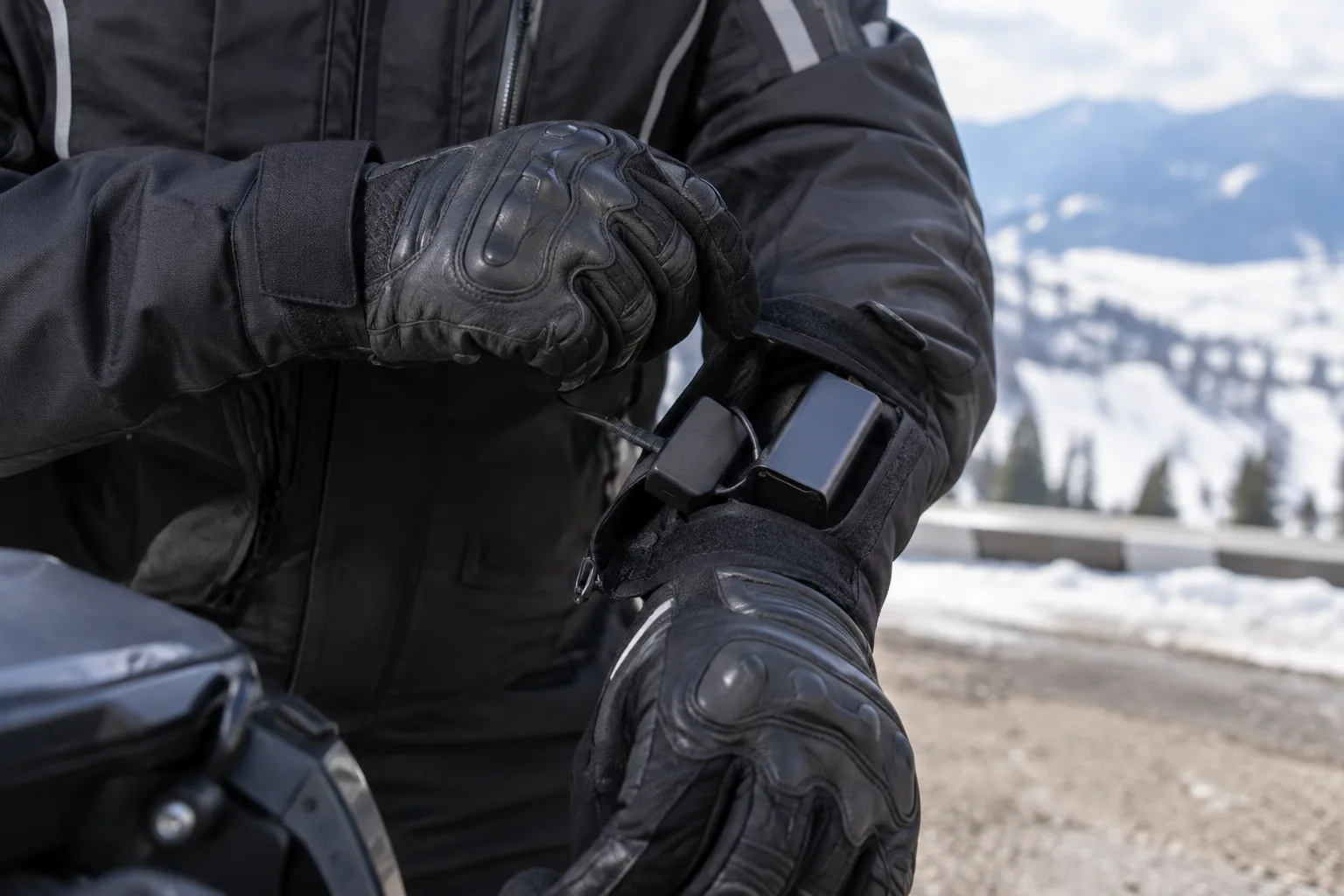 Main gantée ajustant une manchette de gant moto d’hiver sur une veste, près d’un logement de batterie.