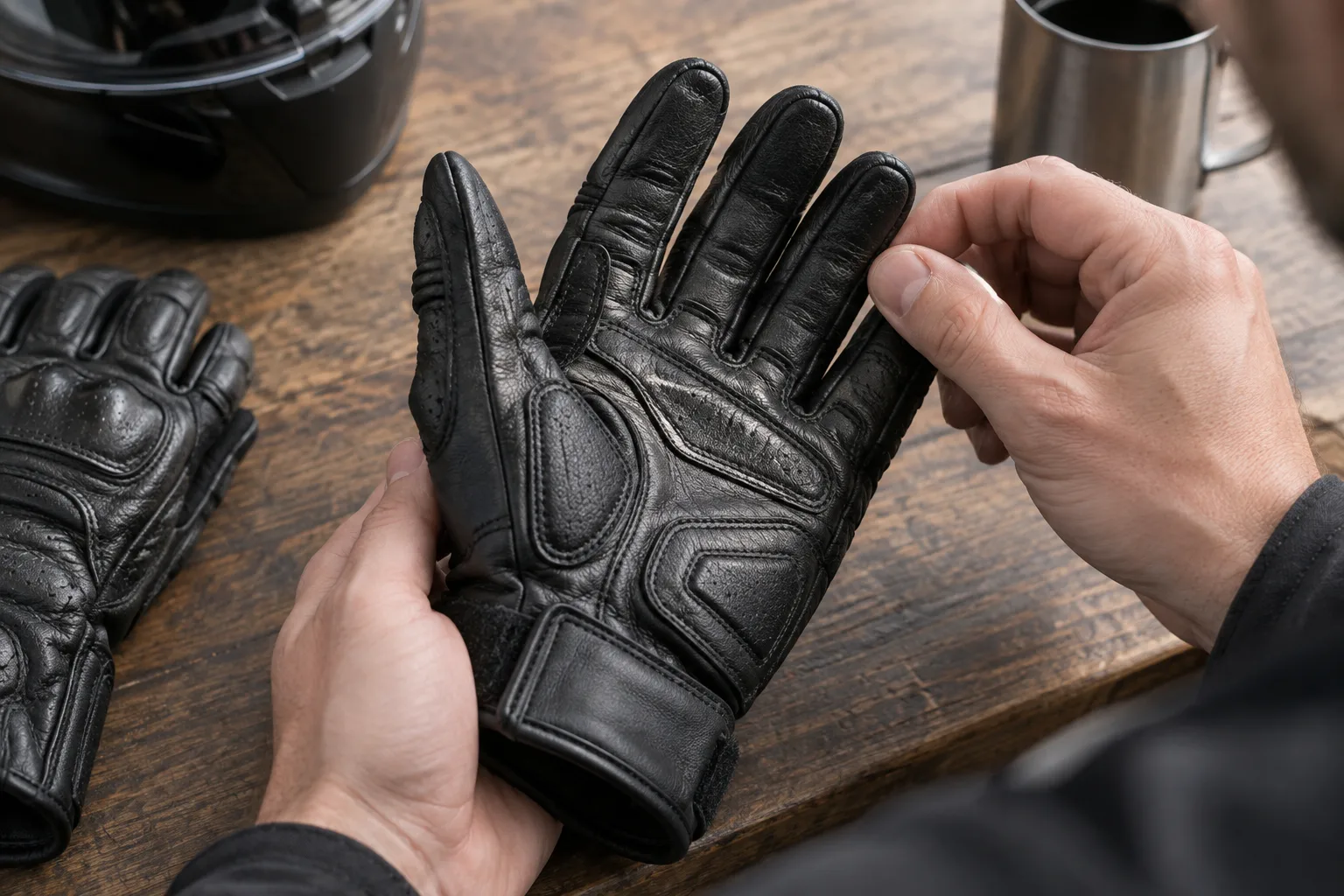 Une main examine les coutures et le renfort de la paume d’un gant de moto en cuir.