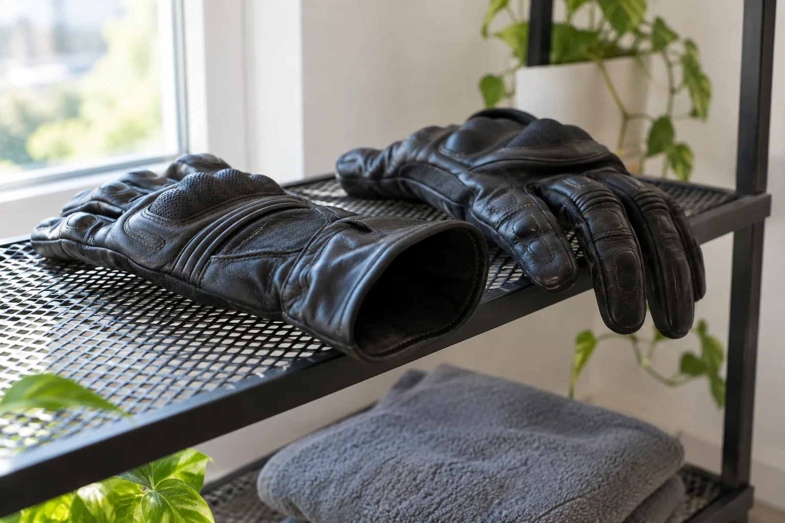 Des gants de moto en cuir sèchent sur une étagère, les manchons ouverts.