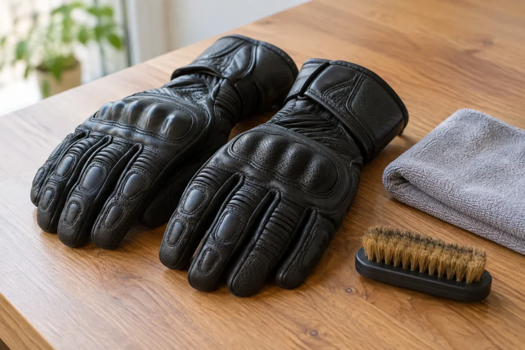 Deux gants de moto en cuir posés près d’un chiffon doux et d’une brosse souple.