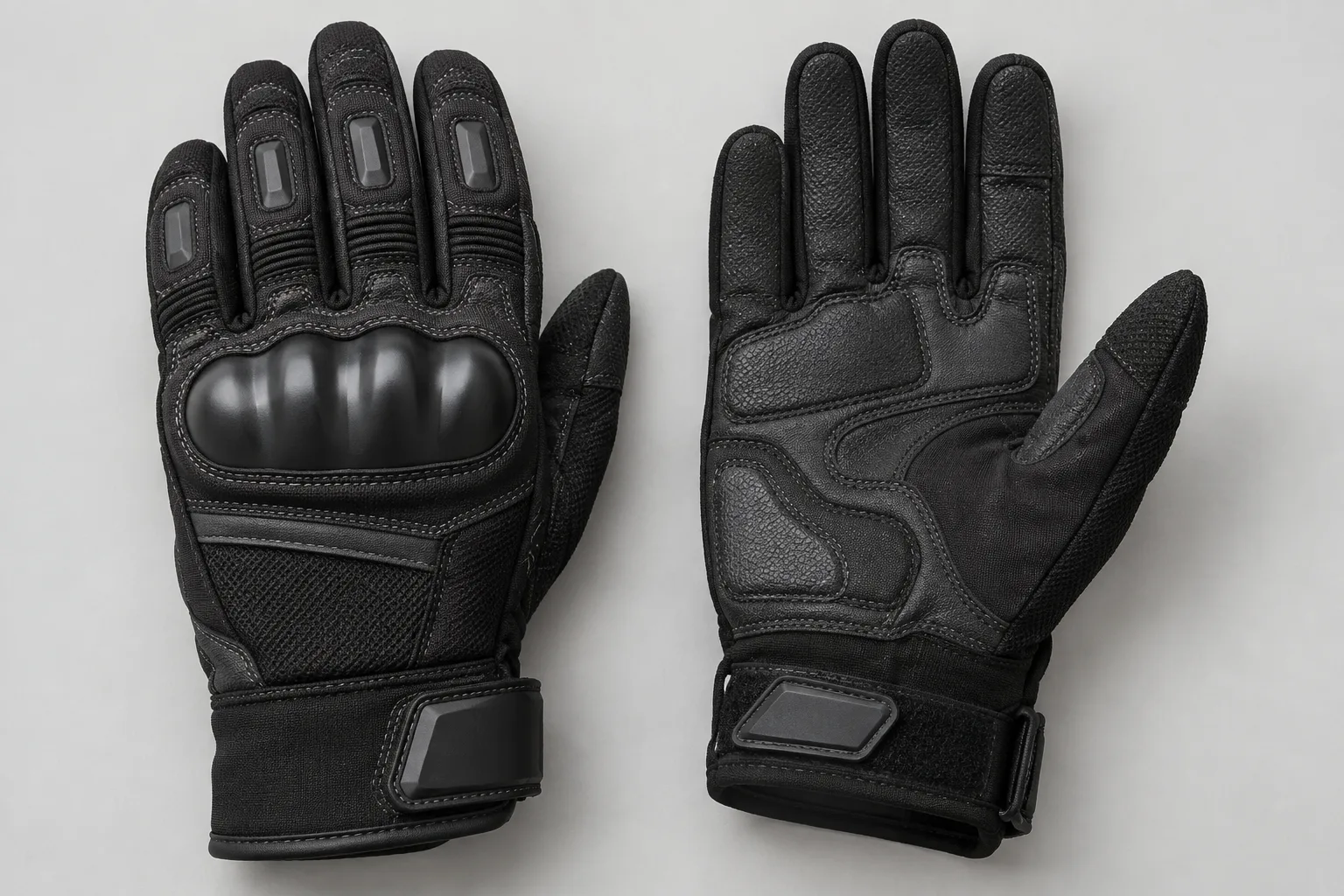 Gant de moto en textile montrant une coque sur le dos de la main, des renforts de paume et une patte de fermeture.