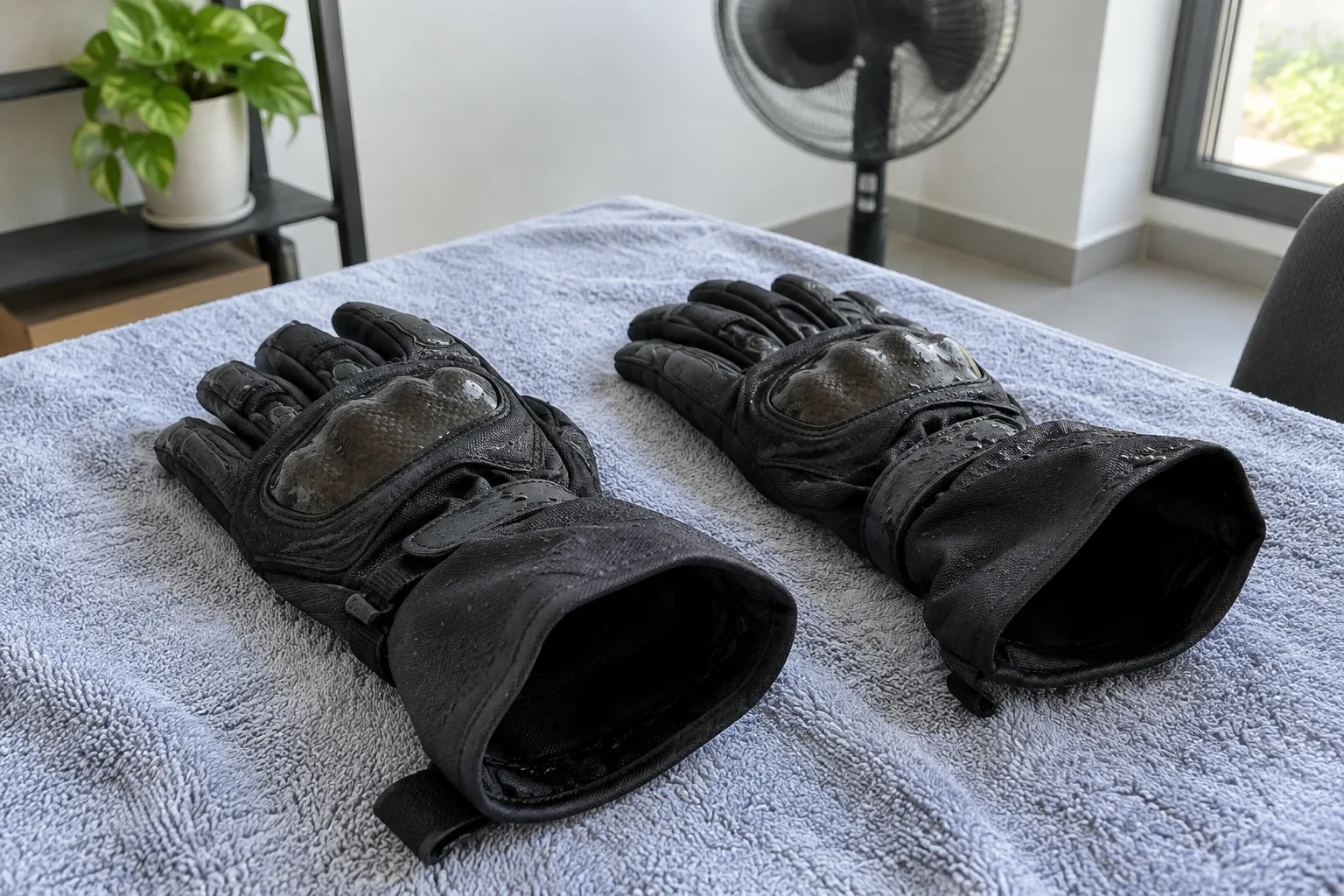 Deux gants de moto en textile sèchent sur une serviette, les manchettes ouvertes.