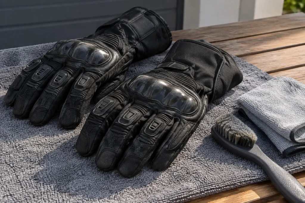 Gants de moto en textile posés sur une serviette à côté d'une brosse souple et d'un chiffon.