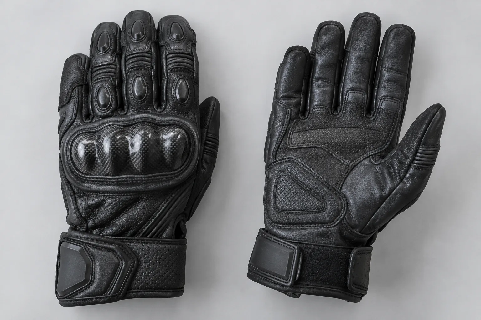 Gant moto à plat avec coque, renfort de paume et fermeture au poignet visibles.
