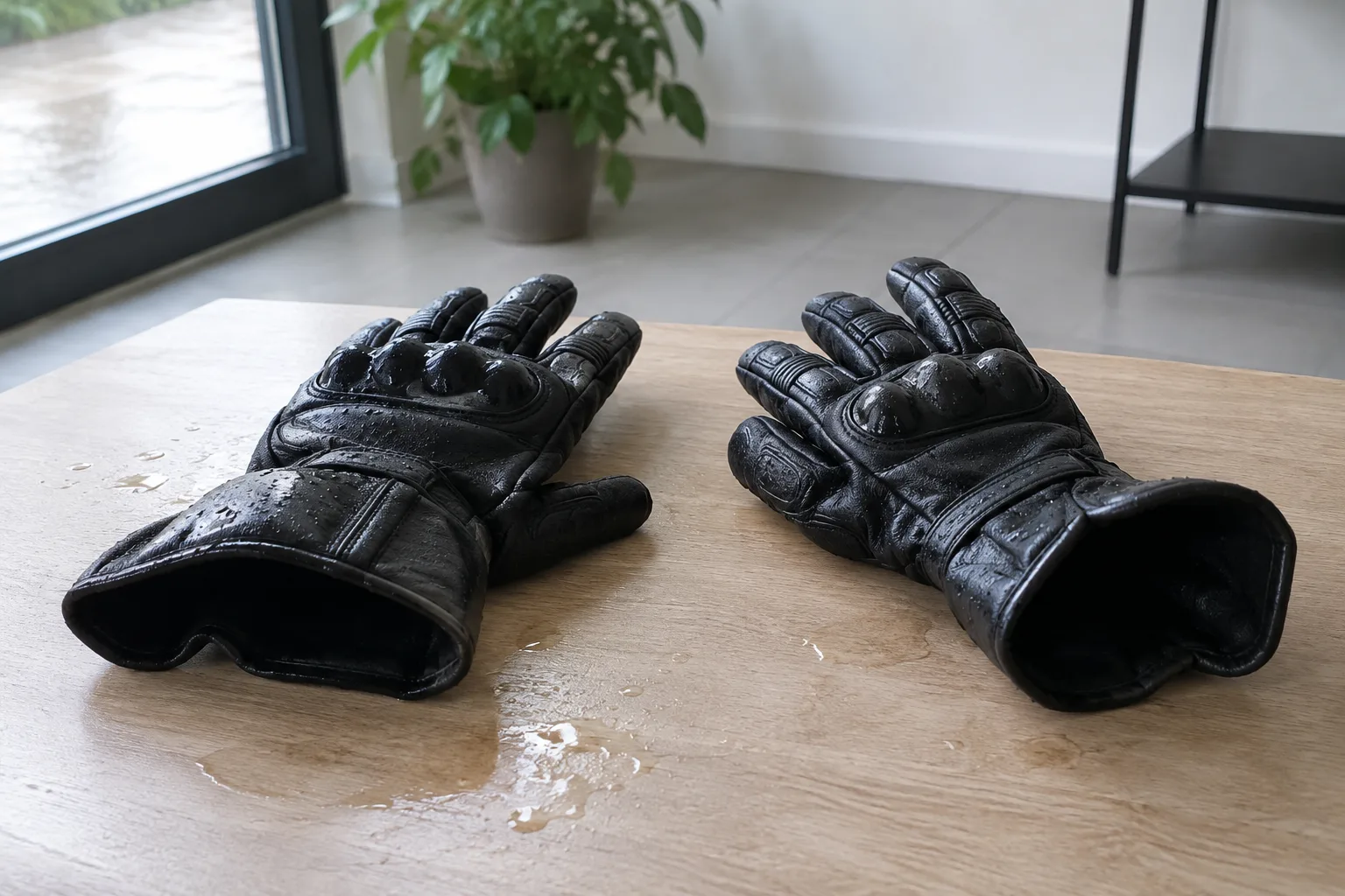Gants moto séparés avec manchettes ouvertes pour laisser sécher l’intérieur.