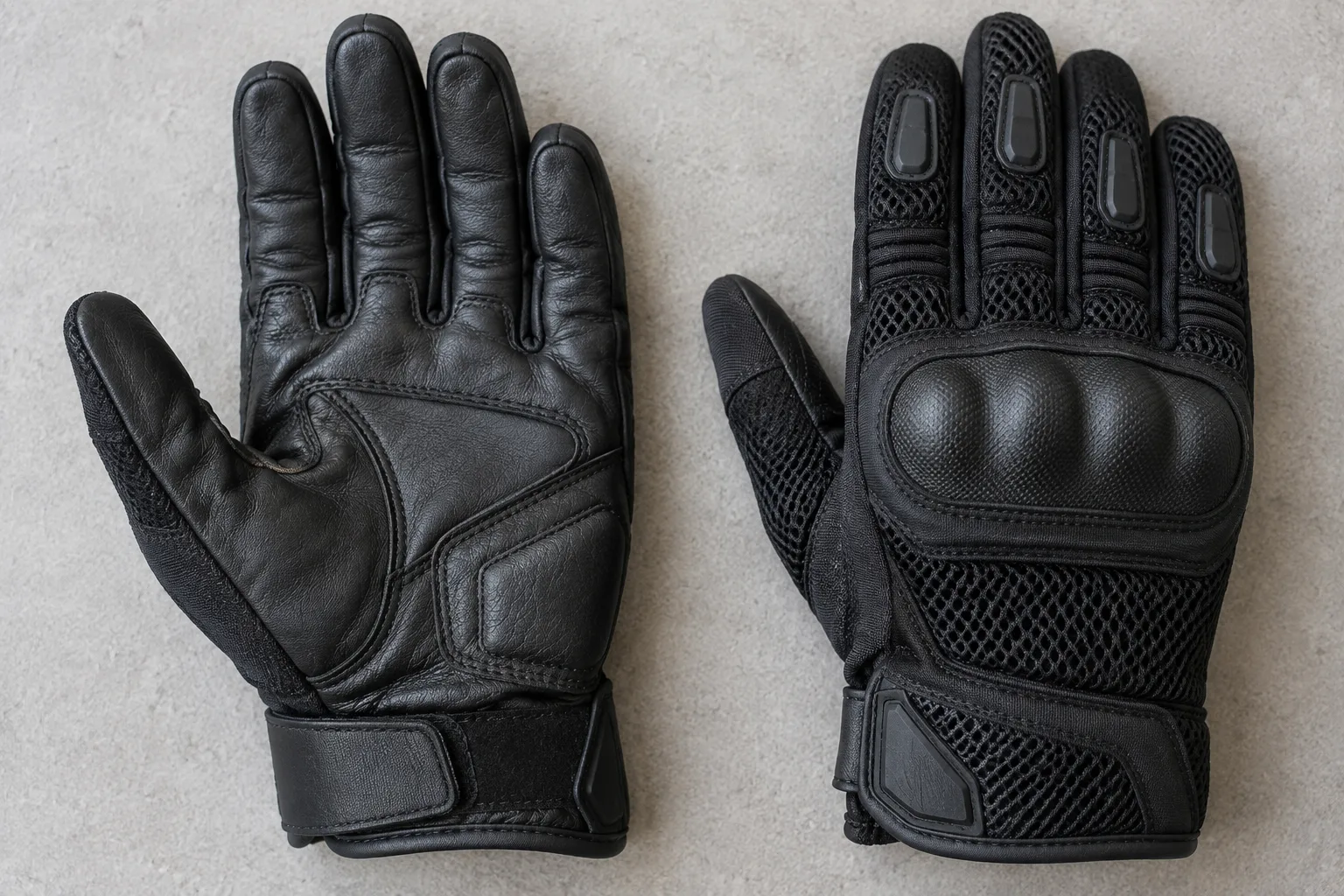Gant de moto associant une paume en cuir, un dos textile et un panneau en mesh.