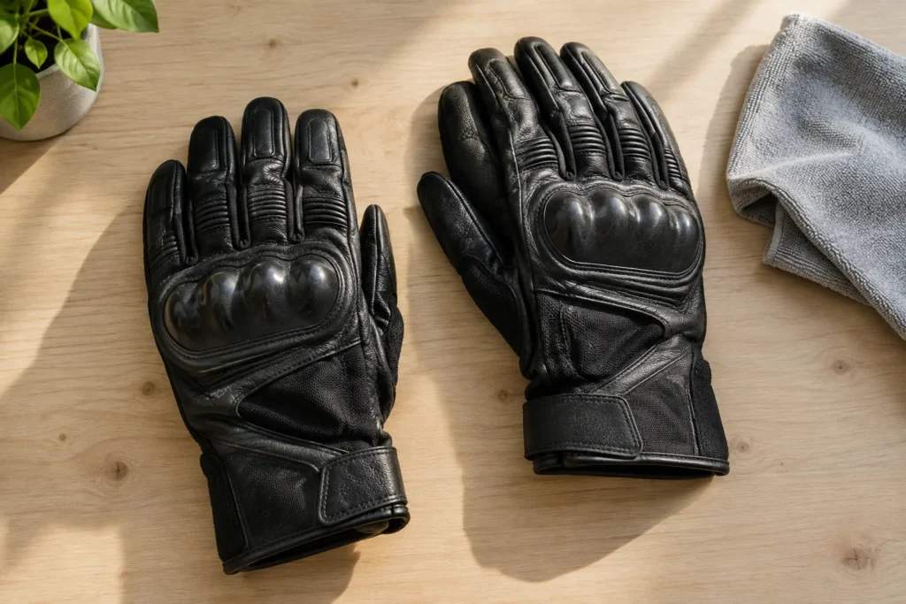 Paire de gants de moto en cuir et textile posée sur une table, à côté d’un chiffon doux.