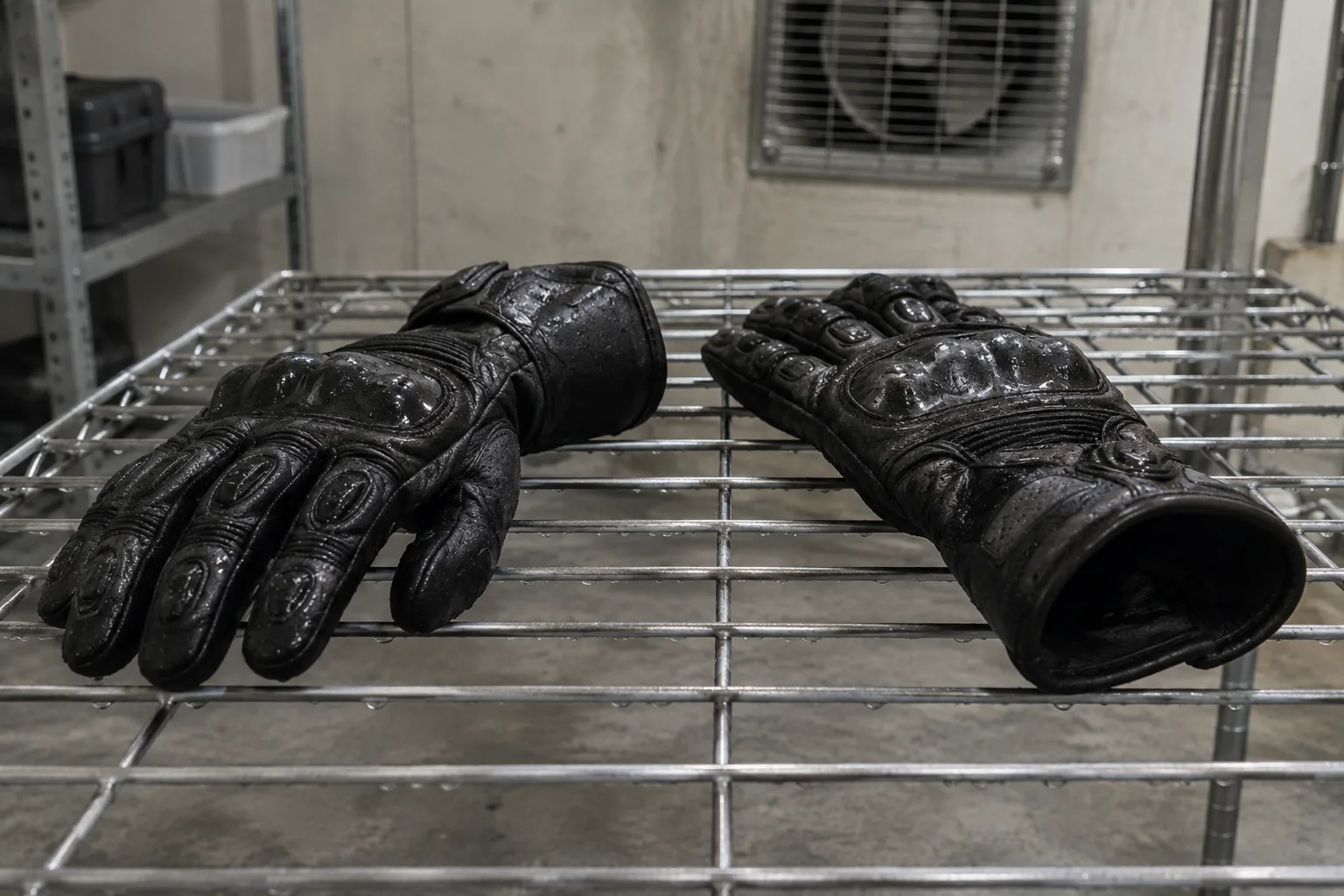 Deux gants de moto posés séparément sur une grille, avec leurs manchettes ouvertes.