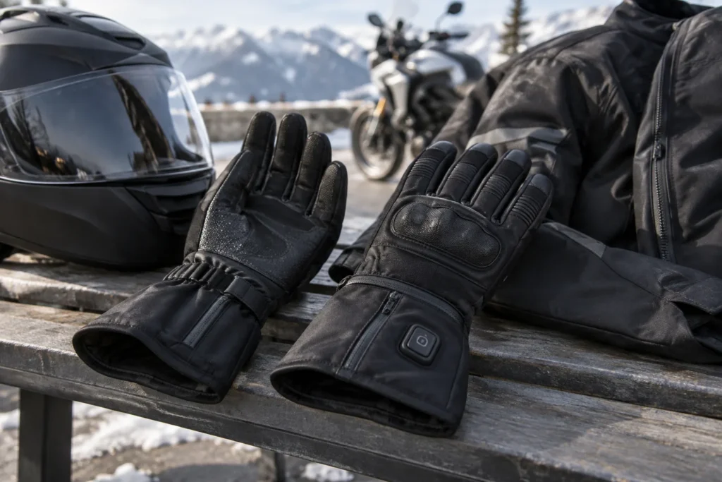 Une paire de gants chauffants de moto posée à côté d’un casque et d’un blouson, avec les manchettes et les paumes renforcées visibles.
