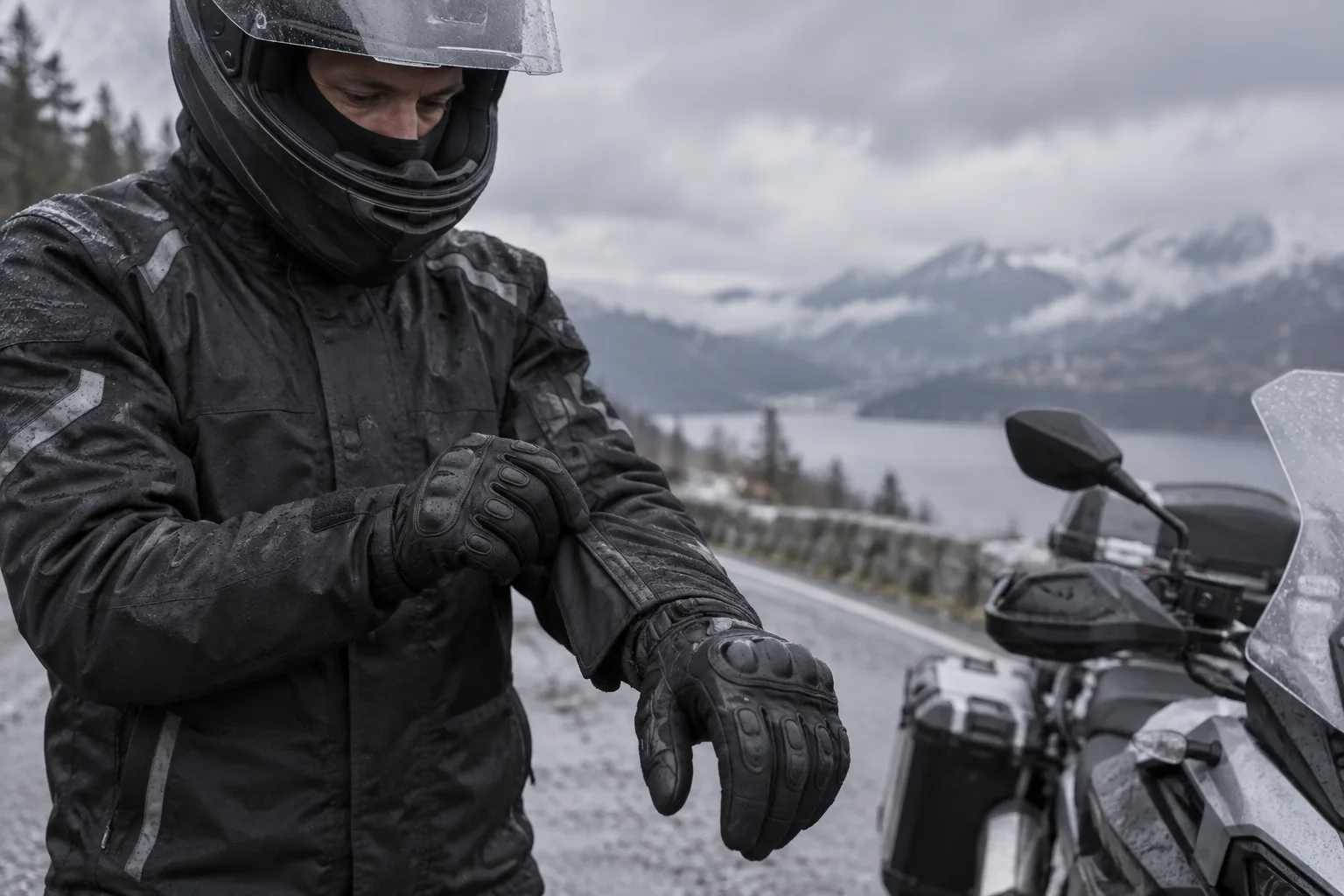 Un motard ajuste la manchette de son gant chauffant sur la manche de son blouson avant un trajet par temps froid et humide.