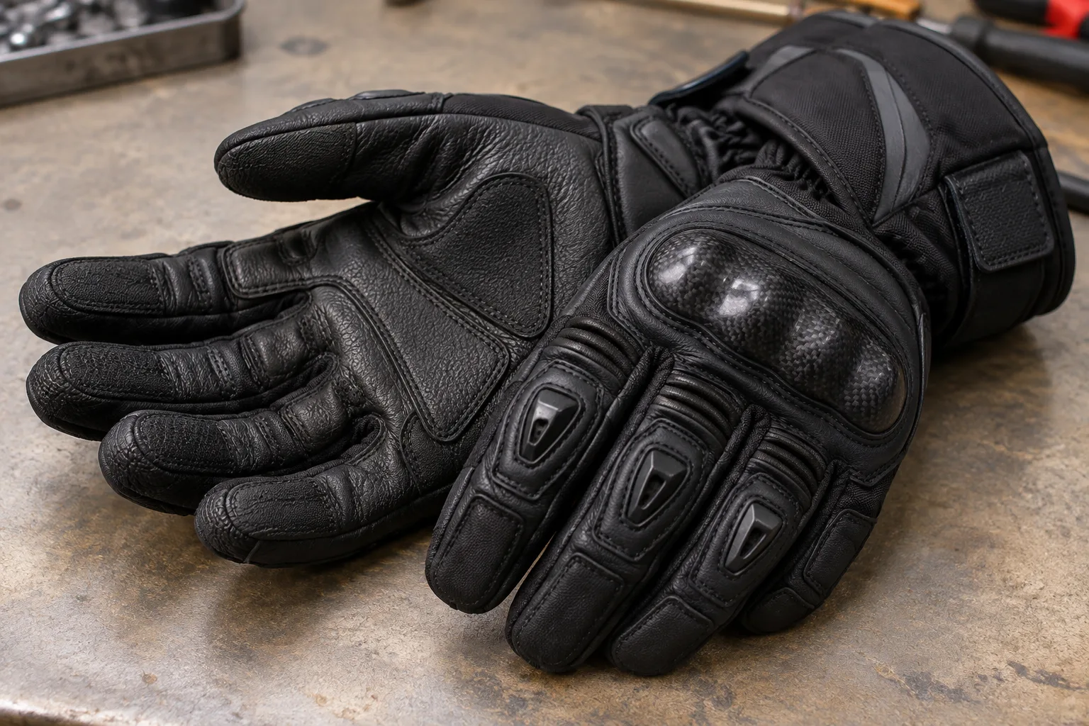 Vue rapprochée de la paume renforcée et des coutures sur les côtés d’un gant de moto d’hiver, avec sa coque visible.