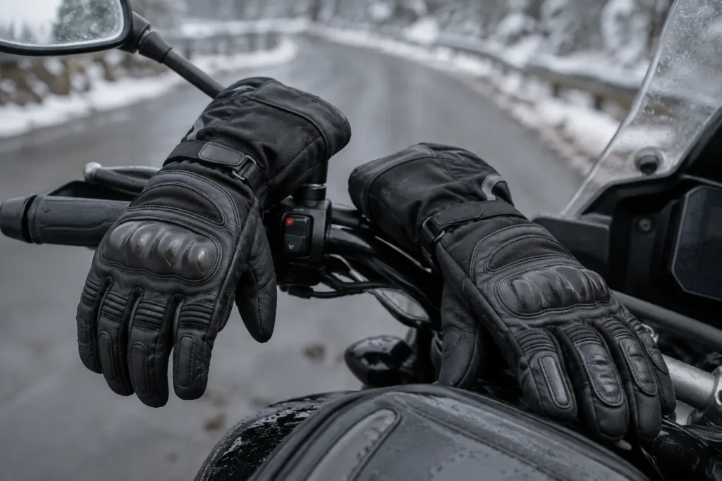 Gants de moto d’hiver à manchettes longues posés sur un guidon, avec une coque sur les articulations et des renforts visibles sur la paume.
