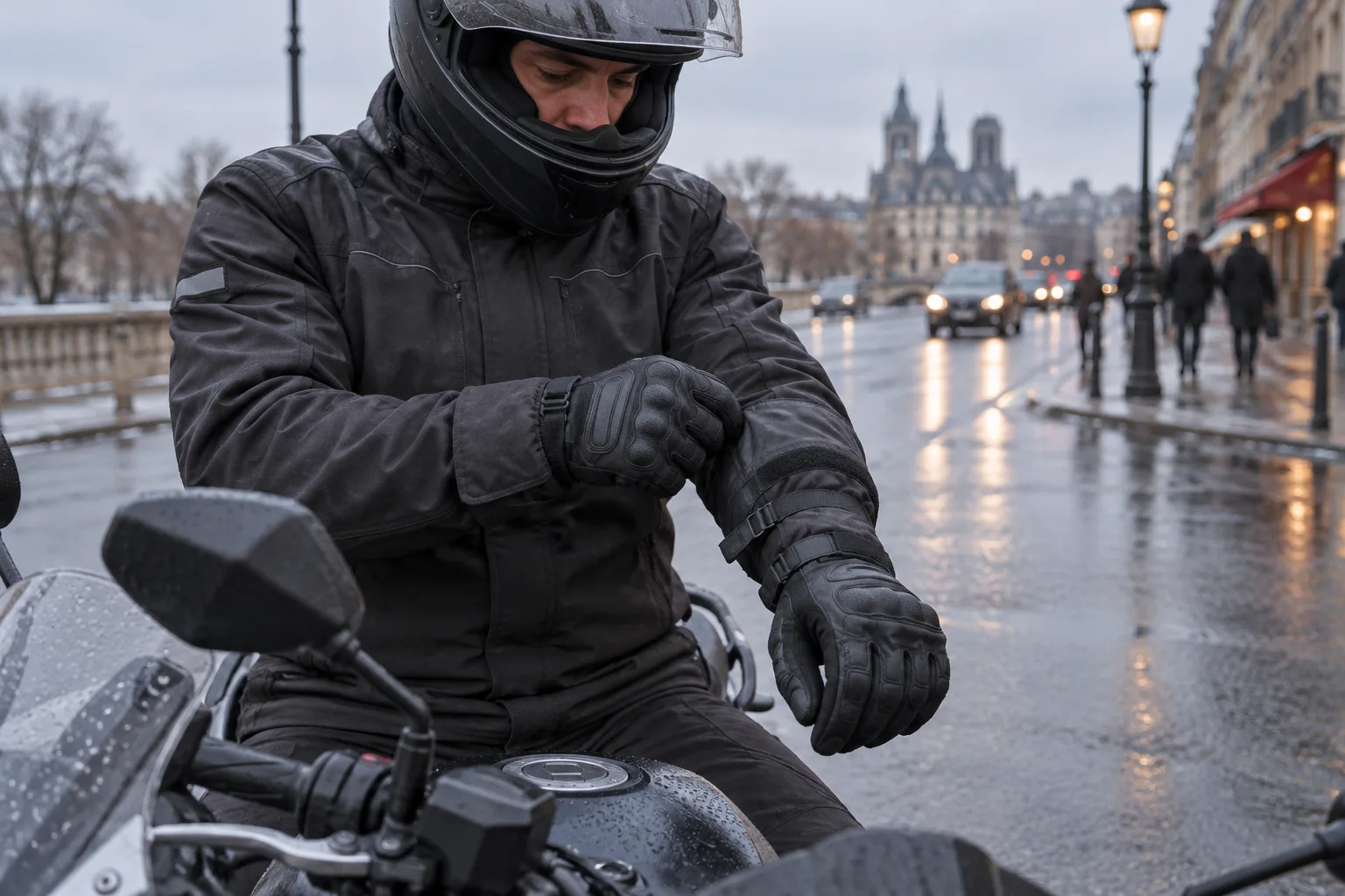 Motard à l’arrêt qui ajuste la manchette longue de son gant d’hiver avec la manche de sa veste sur une rue humide.