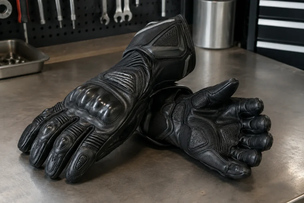 Paire de gants de course noirs à manchettes longues avec coques sur les articulations et renforts visibles sur les paumes.