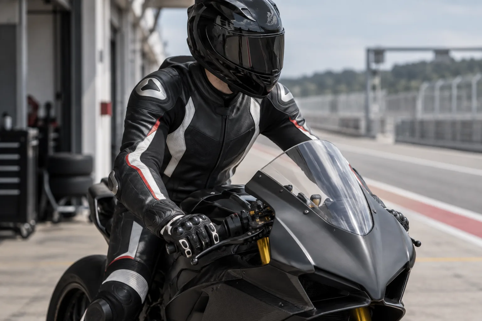 Motard en combinaison qui vérifie la position de ses gants sur les poignées et les leviers d’une moto à l’arrêt.