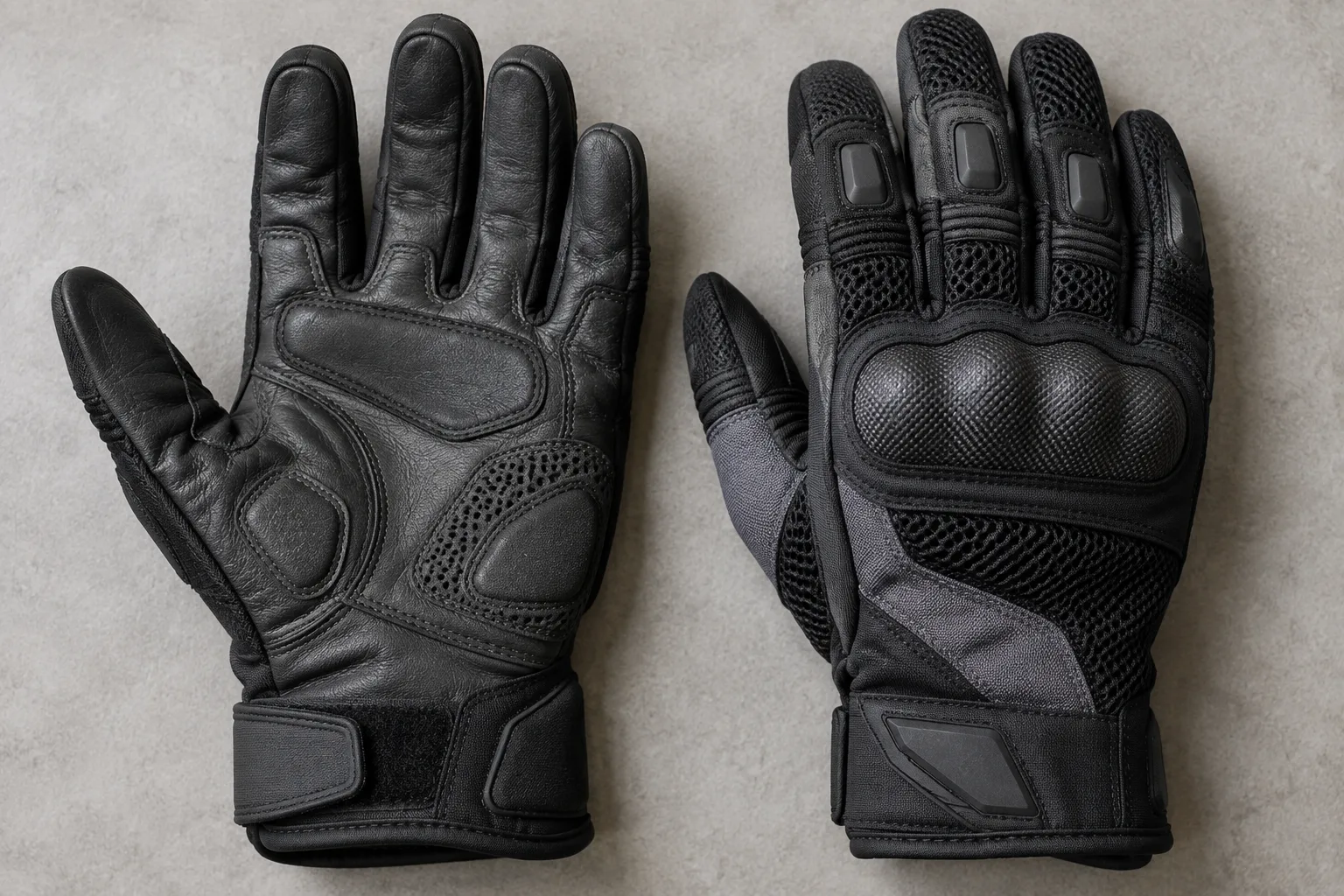 Détails de gants moto montrant une paume en cuir, des panneaux textiles et une zone en mesh.