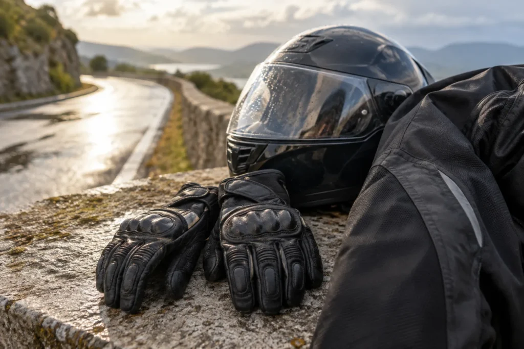Paire de gants moto en cuir et textile posée à côté d’un casque sur un banc, avec une route humide en arrière-plan.