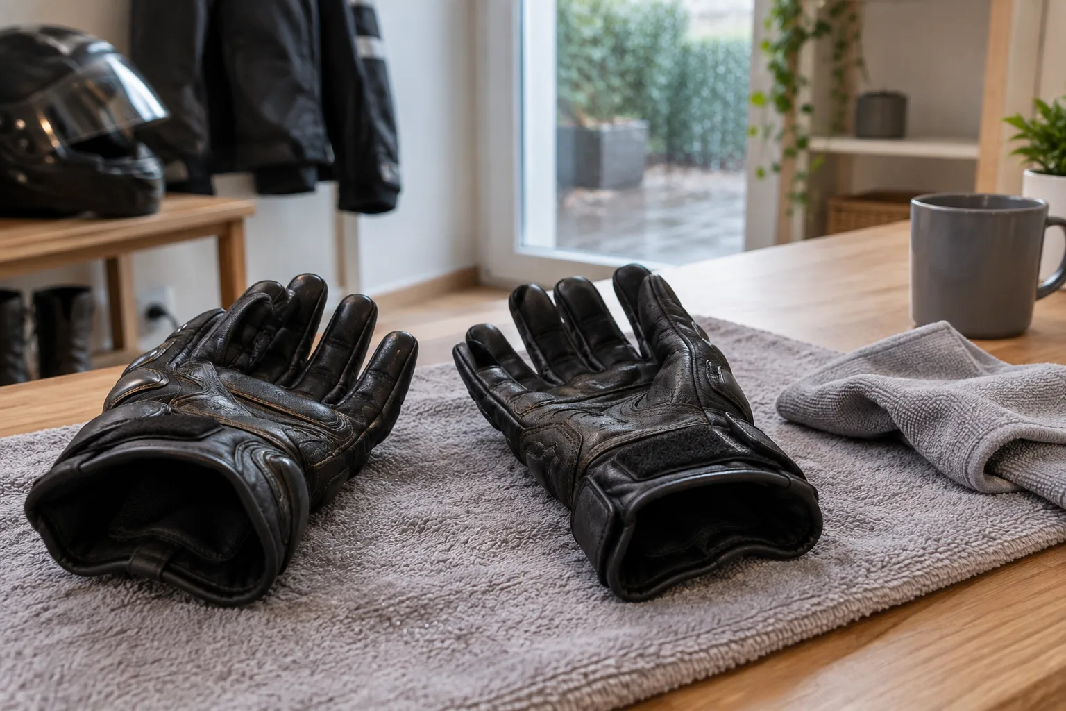 Gants moto ouverts qui sèchent à l’air libre sur une serviette, avec un chiffon doux à proximité.