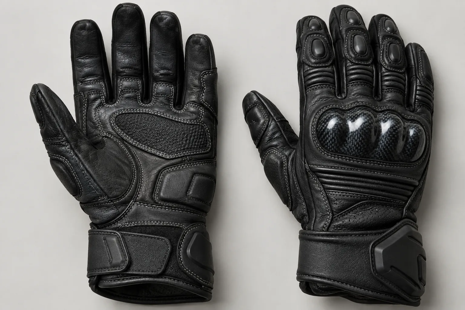 Deux gants de moto montrant la paume renforcée, les coutures et la coque sur les articulations.