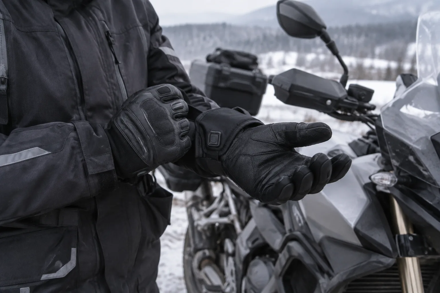 Mains gantées repliées devant une moto, avec manchettes ajustées sur les manches du blouson.