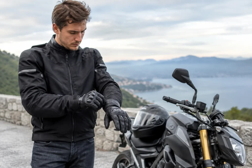 Motard debout près de sa moto, ajustant la fermeture d'un gant au poignet.
