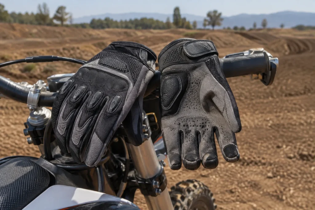 Gants de motocross posés sur le guidon d’une moto tout-terrain, avec leurs renforts et leur paume visibles.