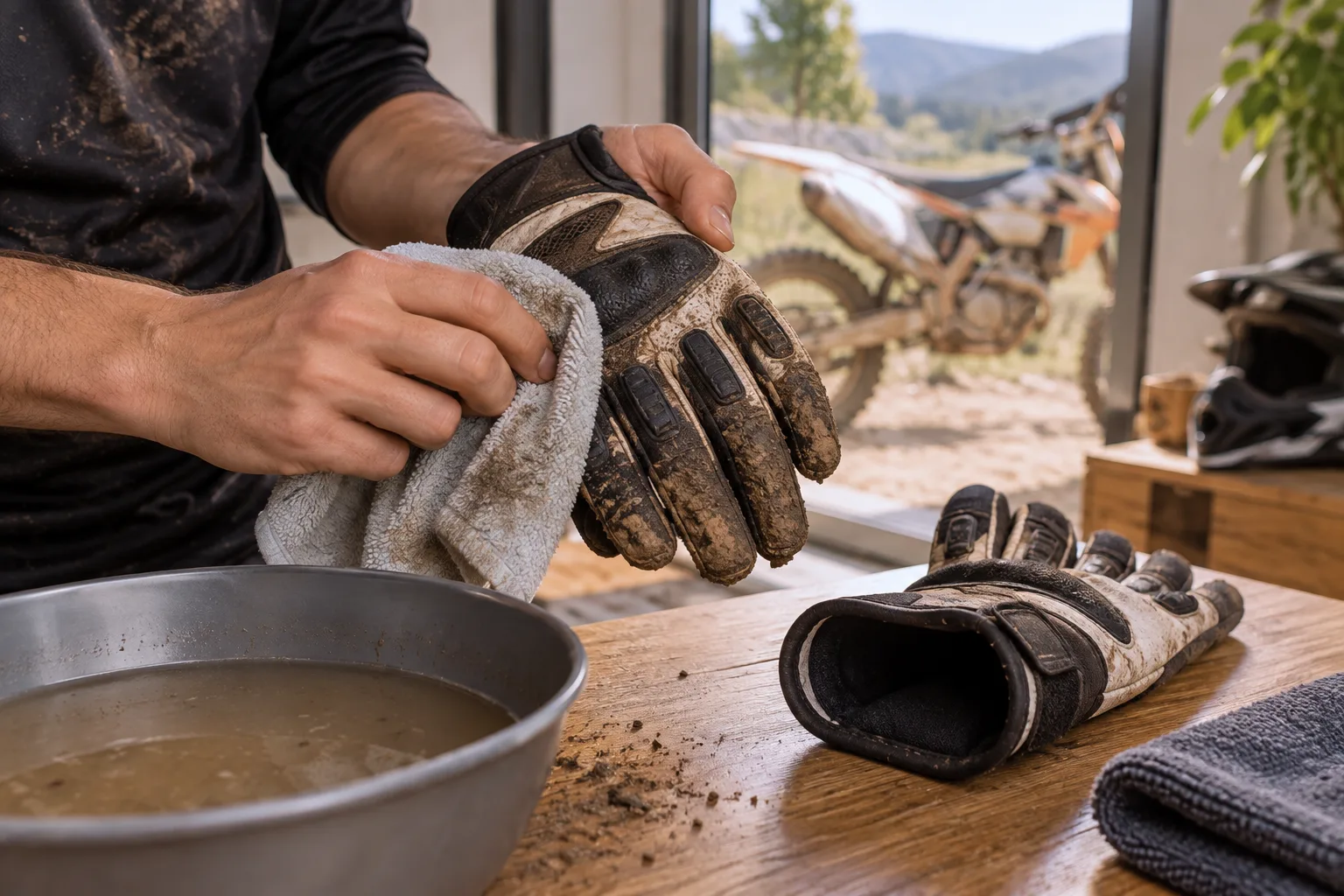 Gants de motocross terreux en cours de nettoyage et de séchage à l’air libre.