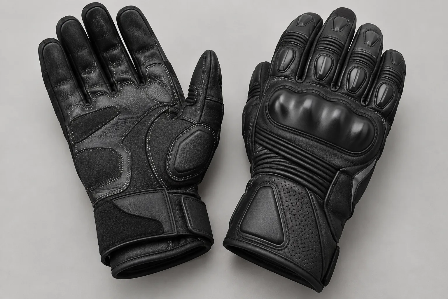 La paume renforcée d’un gant de touring et la coque de protection visible sur le dos de l’autre gant.