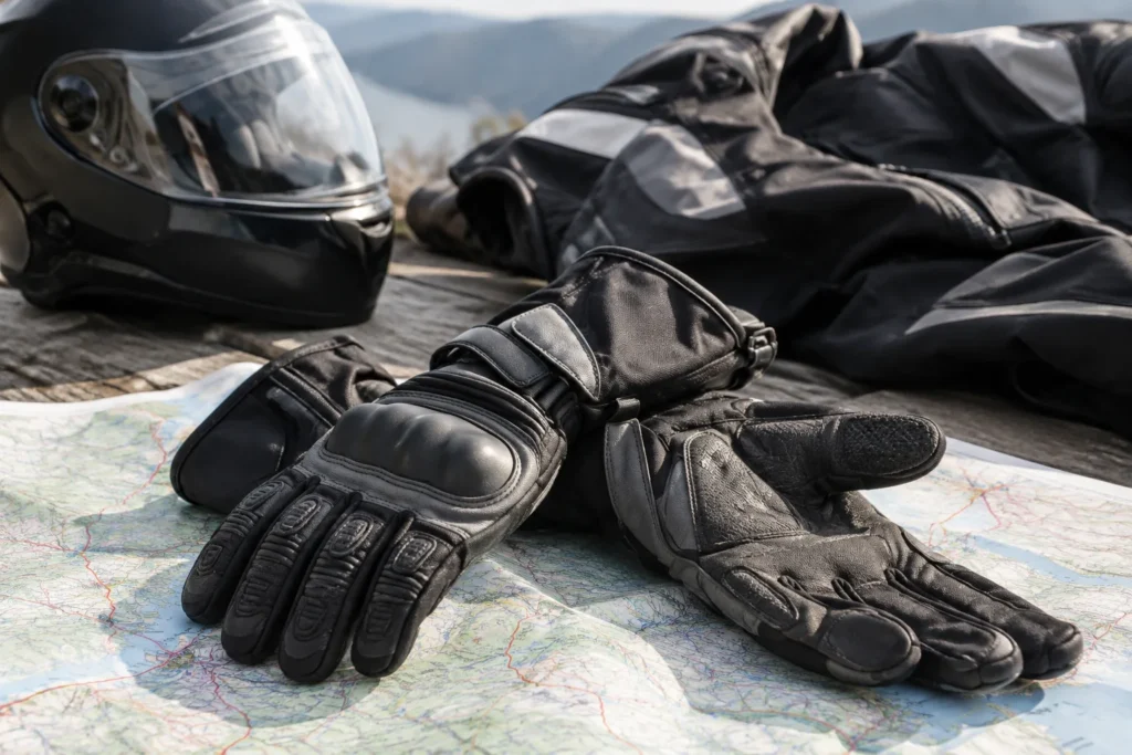 Une paire de gants de touring à manchettes longues posée près d’un casque et d’une carte routière.