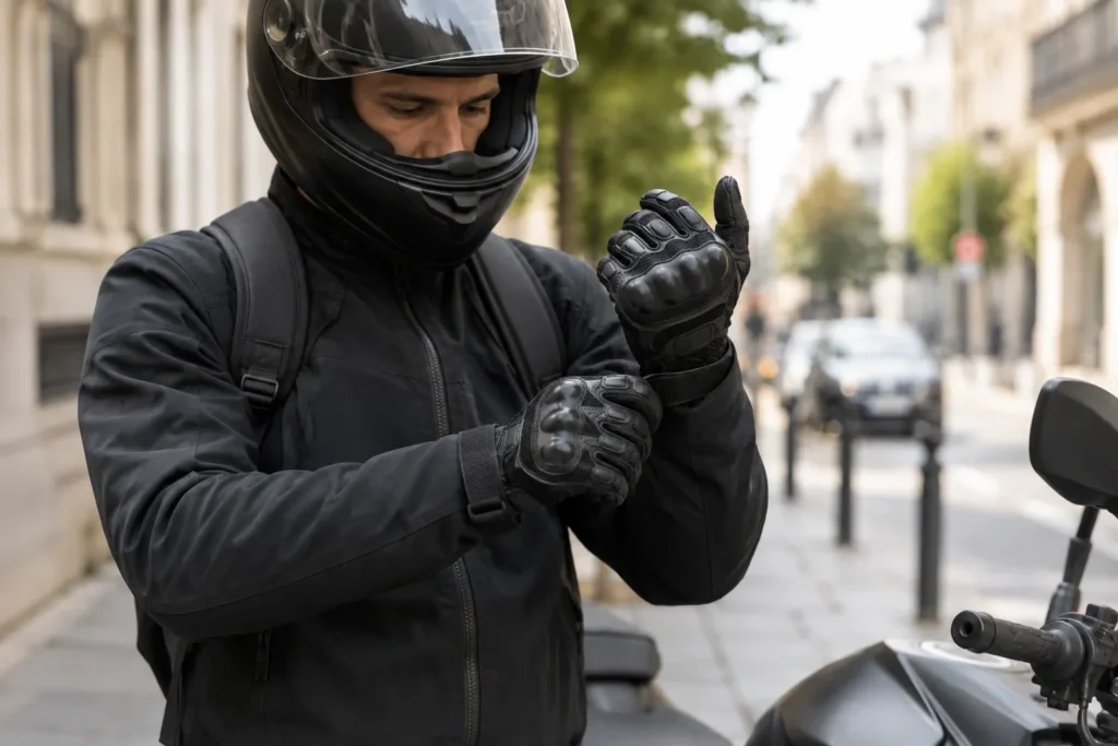 Motard en ville ajustant la fermeture de ses gants avant de partir.