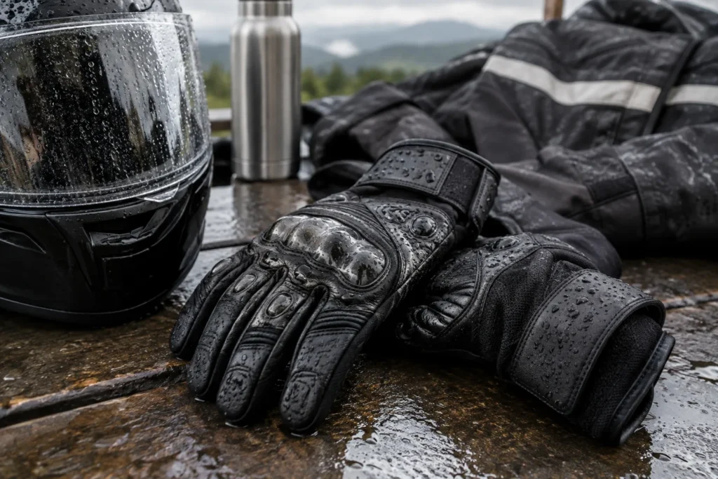 Paire de gants de moto en cuir et textile avec des gouttes de pluie sur les manchettes.