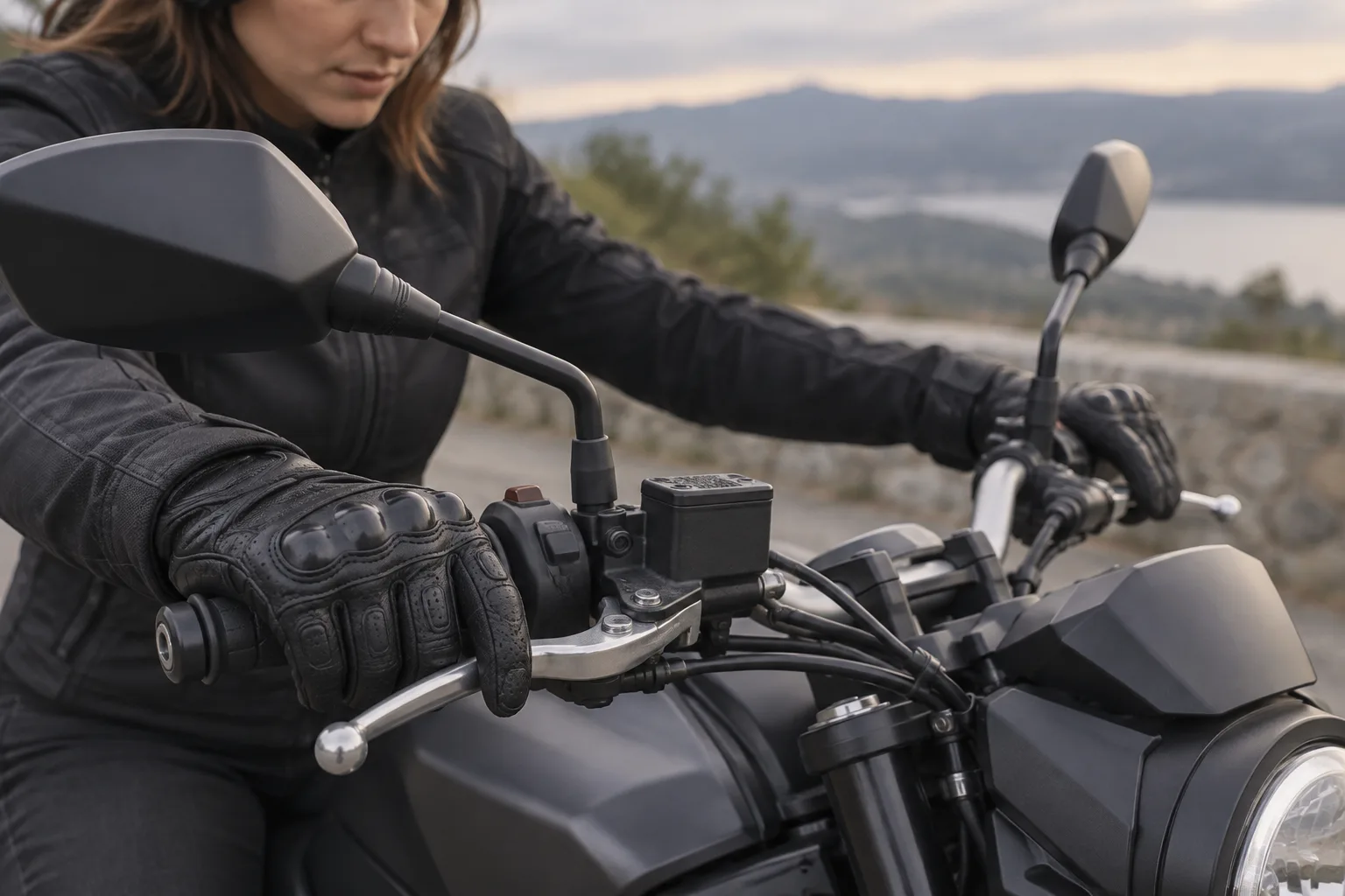 Motarde gantée qui vérifie la prise des poignées et l’accès aux leviers sur une moto à l’arrêt.