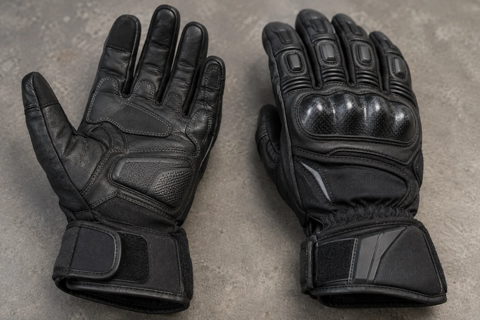 Gant moto imperméable présenté côté paume et dessus, avec coque d’articulations et renforts visibles.