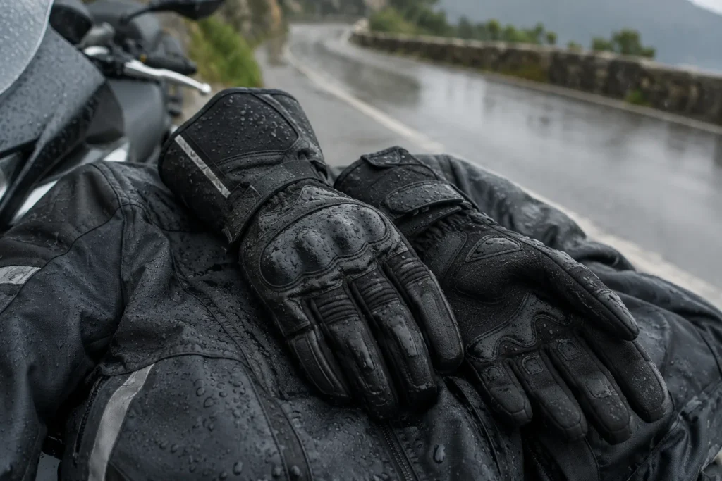 Paire de gants de moto imperméables posée sur un blouson sombre couvert de gouttes de pluie.