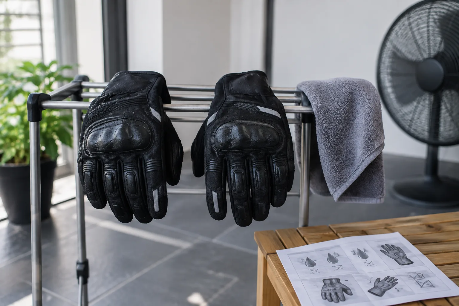 Gants de moto textiles qui sèchent à l’air libre dans une pièce ventilée, loin d’une source de chaleur.