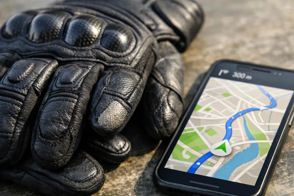 Gants de moto noirs avec renforts et extrémités tactiles posés à côté d’un smartphone affichant une carte.