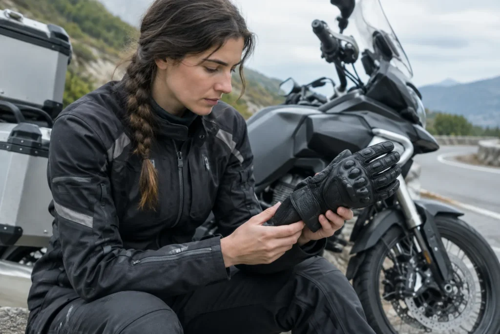 Une motarde en tenue touring examine les renforts d’un gant en cuir près de sa moto.