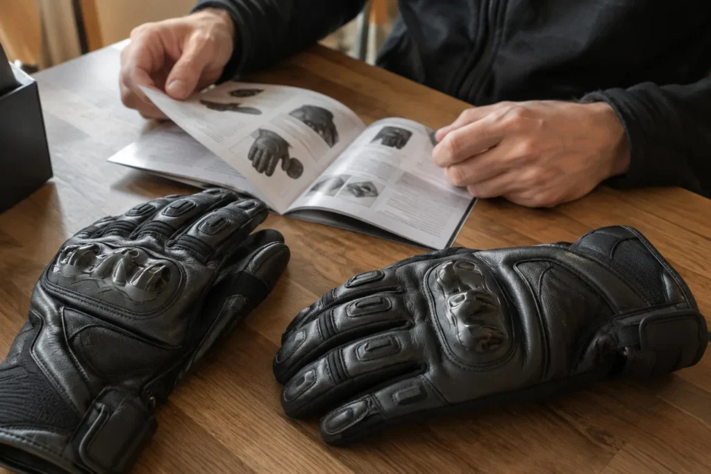 Des mains consultent la notice d’entretien à côté d’une paire de gants de moto coqués.