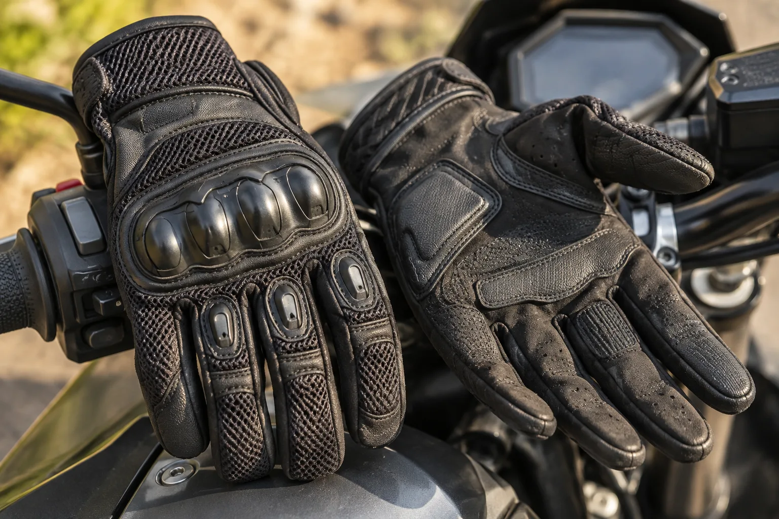 Gants moto d’été sur un guidon, avec panneaux en mesh, coques aux articulations et paume renforcée visible.