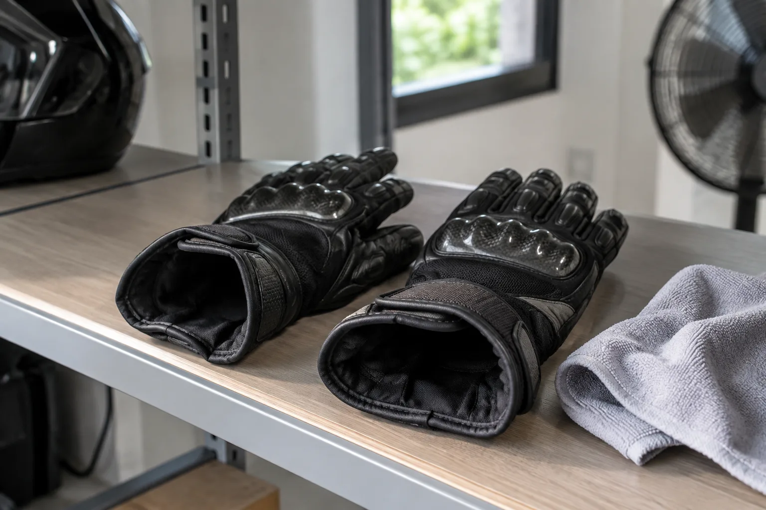 Gants moto en cuir et textile ouverts sur une étagère, avec un chiffon doux posé à côté.