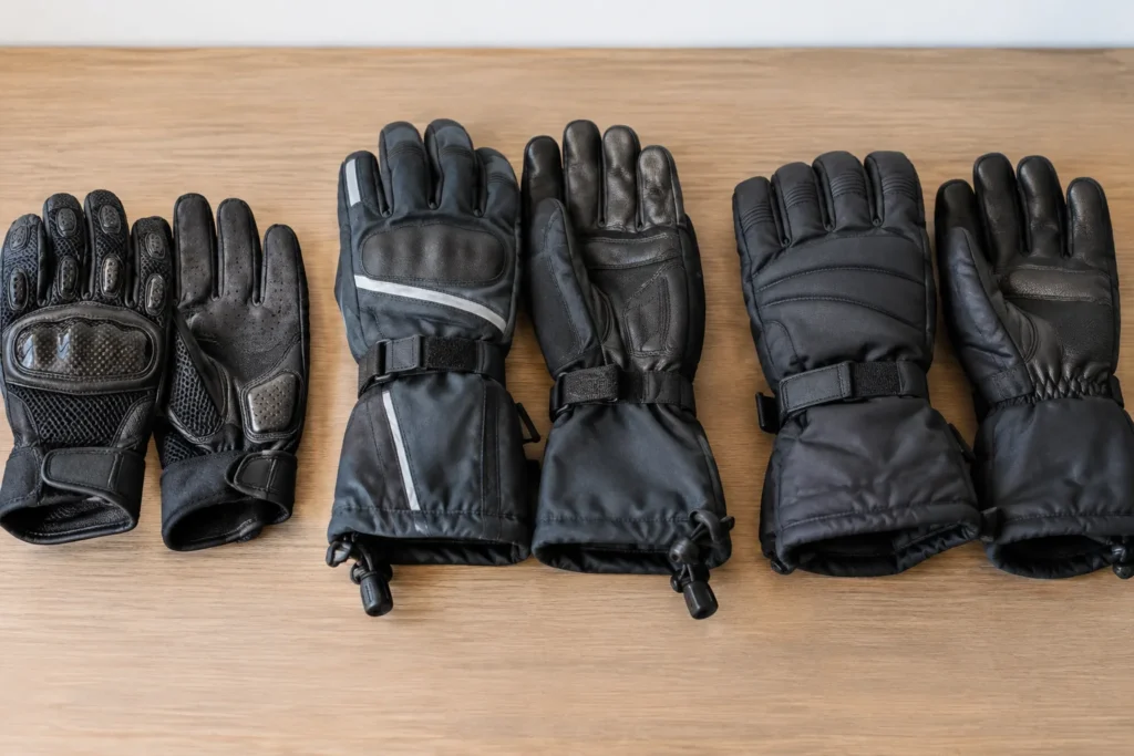 Trois paires de gants moto, ventilés, imperméables et isolés, disposées sur une table avec leurs paumes et leurs coques visibles.