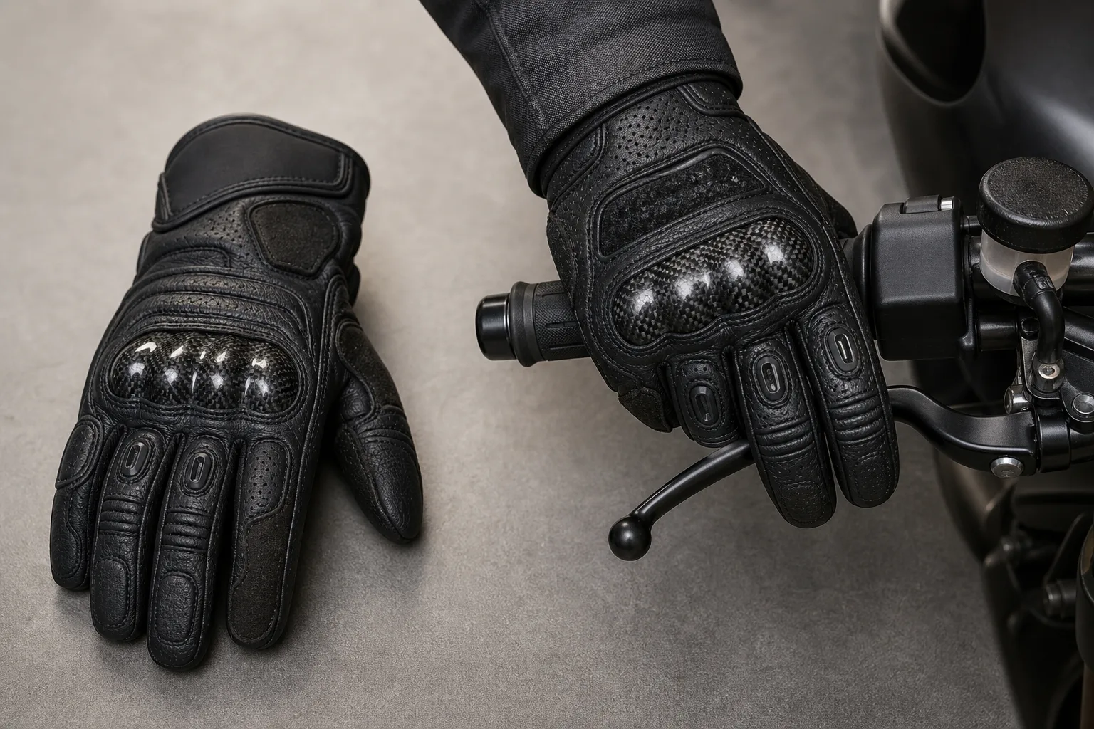 Gant de moto montrant une coque sur le dos de la main et des renforts de paume près d’un levier.