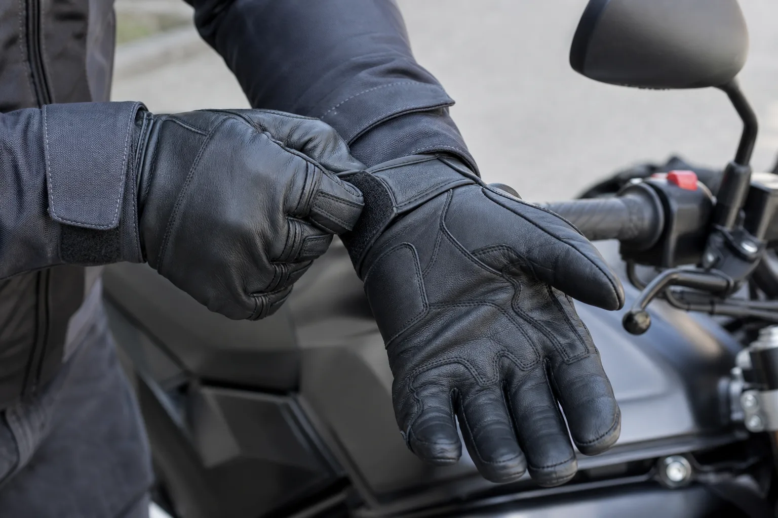 Un motard ajuste la fermeture au poignet de son gant, avec la manche de son blouson visible.