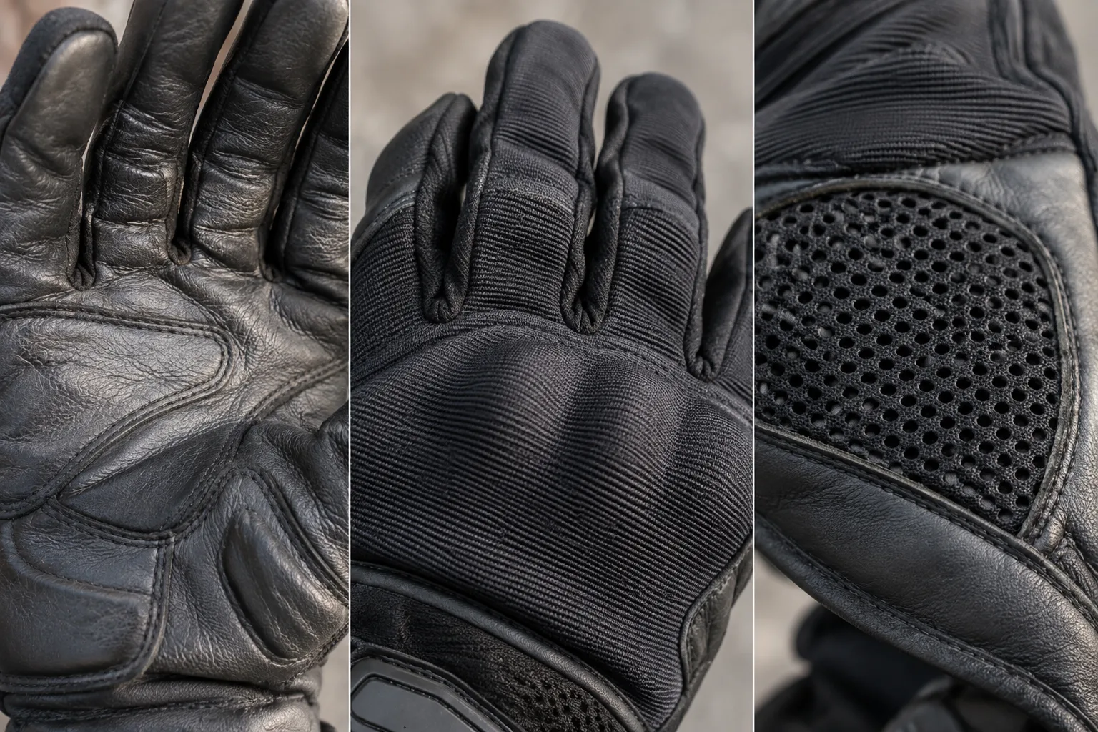 Gros plan sur la paume en cuir, le dessus textile et un panneau de mesh d’un gant de moto.