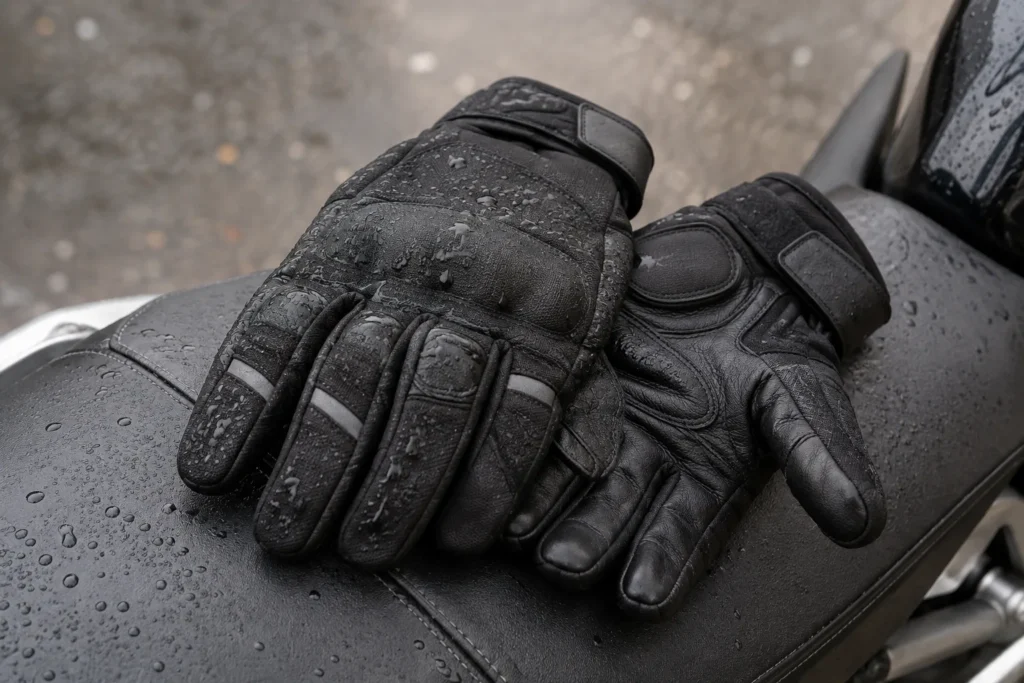 Gants de moto en textile et cuir posés sur une selle, avec des gouttes d’eau sur leur surface extérieure.