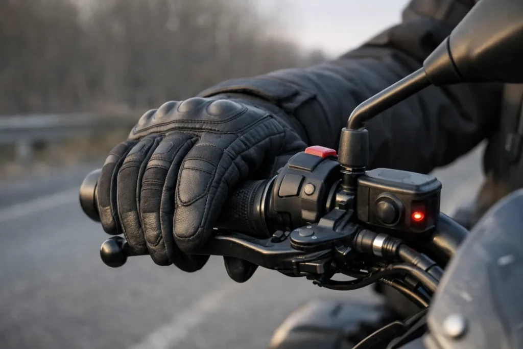 Une main gantée tient une poignée chauffante de moto, les doigts placés près des commandes.