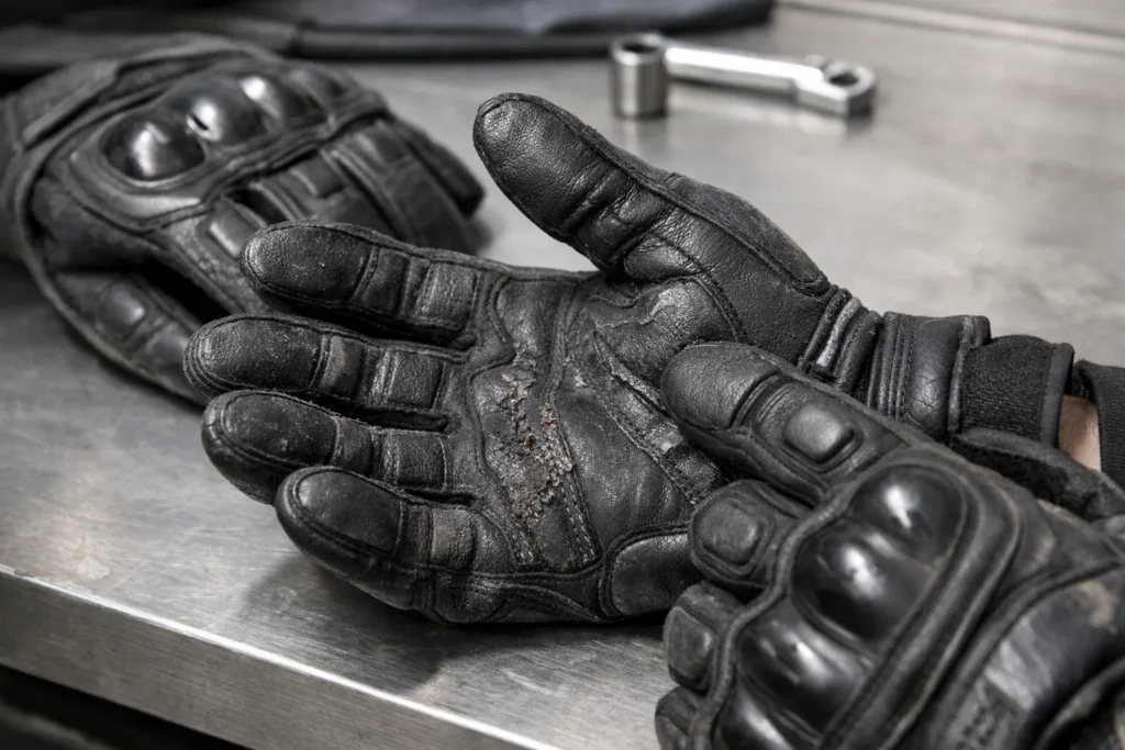 Une main examine la paume et les coutures d’un gant de moto posé sur un établi.